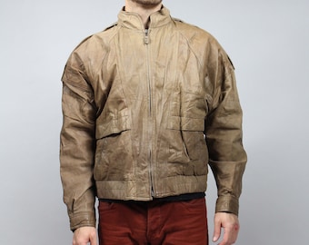 80s Genuine Leather Brown Bomber Jacket . Vintage Rocker Padded Short Warm Coat . Retro Warmed Biker Button up Punk Jacket / Sz L 80s Genuine Leather Brown Bomber Jacket . Vintage Rocker Padded Short Warm Coat . Retro Warmed Biker Button up Punk Jacket / Sz L