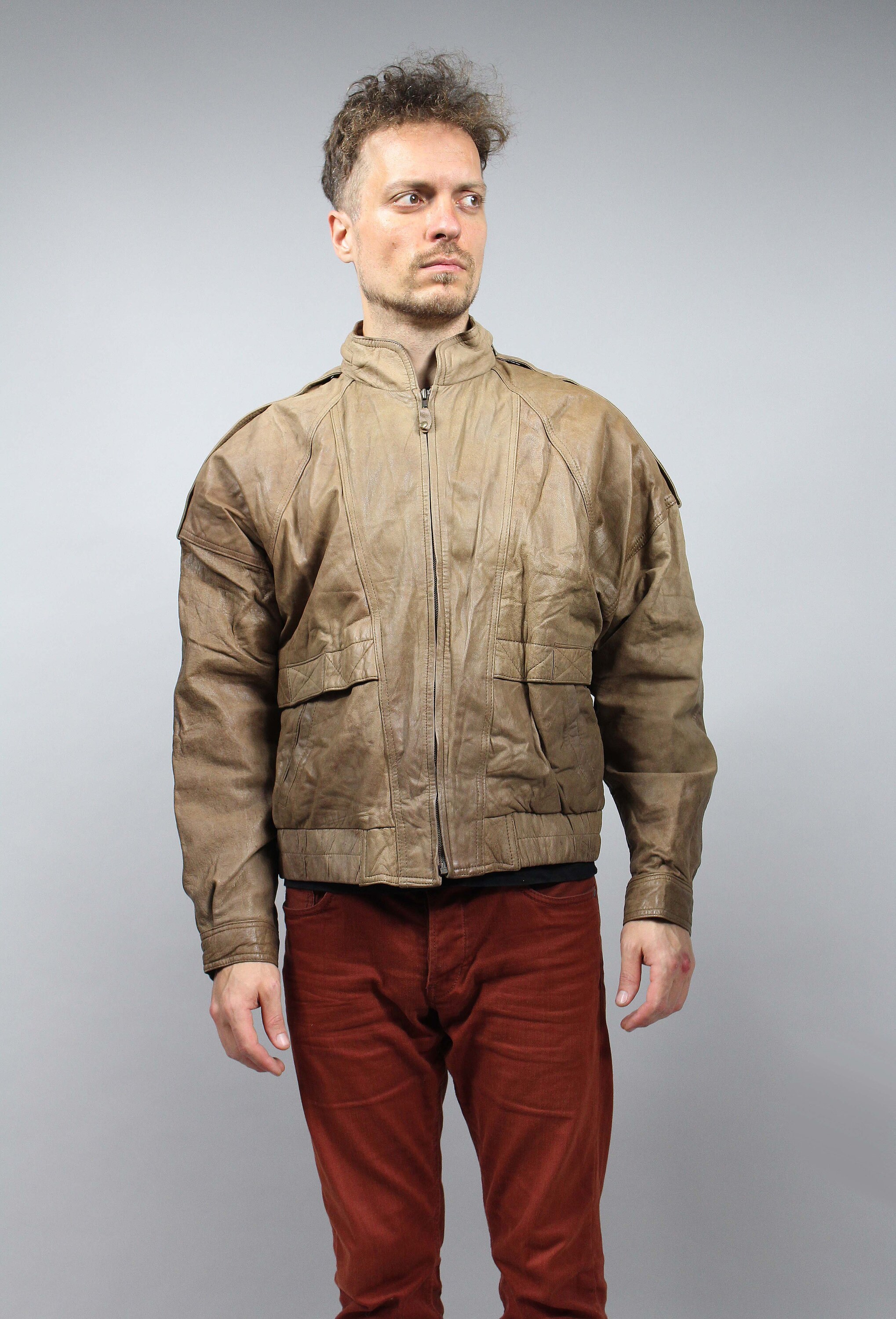 80s Genuine Leather Brown Bomber Jacket . Vintage Rocker Padded Short Warm Coat . Retro Warmed Biker Button up Punk Jacket / Sz L - Etsy 80s Genuine Leather Brown Bomber Jacket . Vintage Rocker Padded Short Warm Coat . Retro Warmed Biker Button up Punk Jacket / Sz L - Etsy
