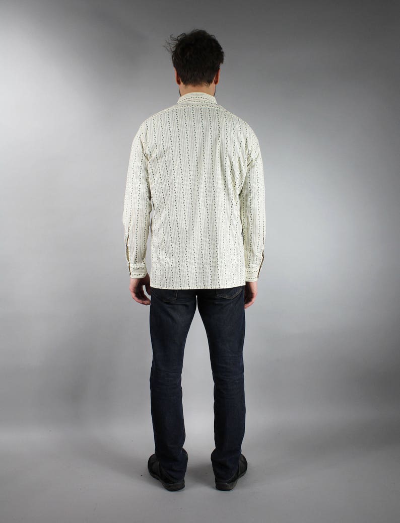 Men/'s Long Sleeve Oversized Boyfriend Western Shirt Large Vertical Striped Cotton Polo Shirt 80s Floral Print White Hipster Shirt L