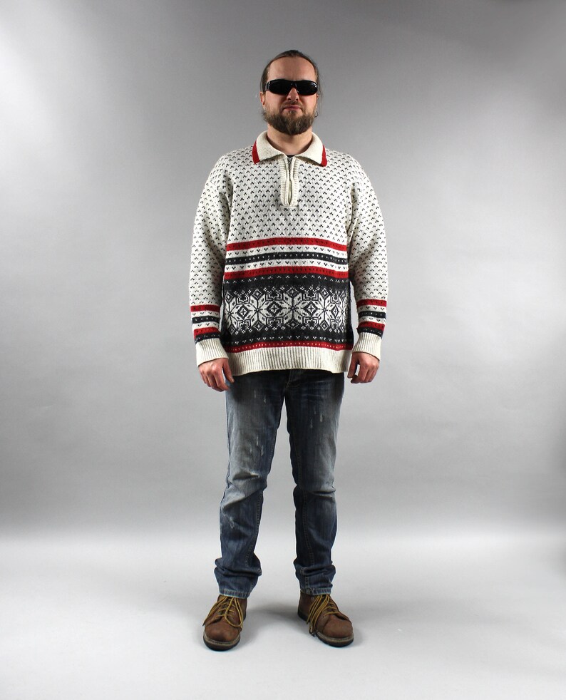 90s Wool Blend Norwegian Wool Pullover Retro Half Zip Striped Warm Oversized Scandinavian Jumper L Vintage UNISEX White Icelandic Sweater