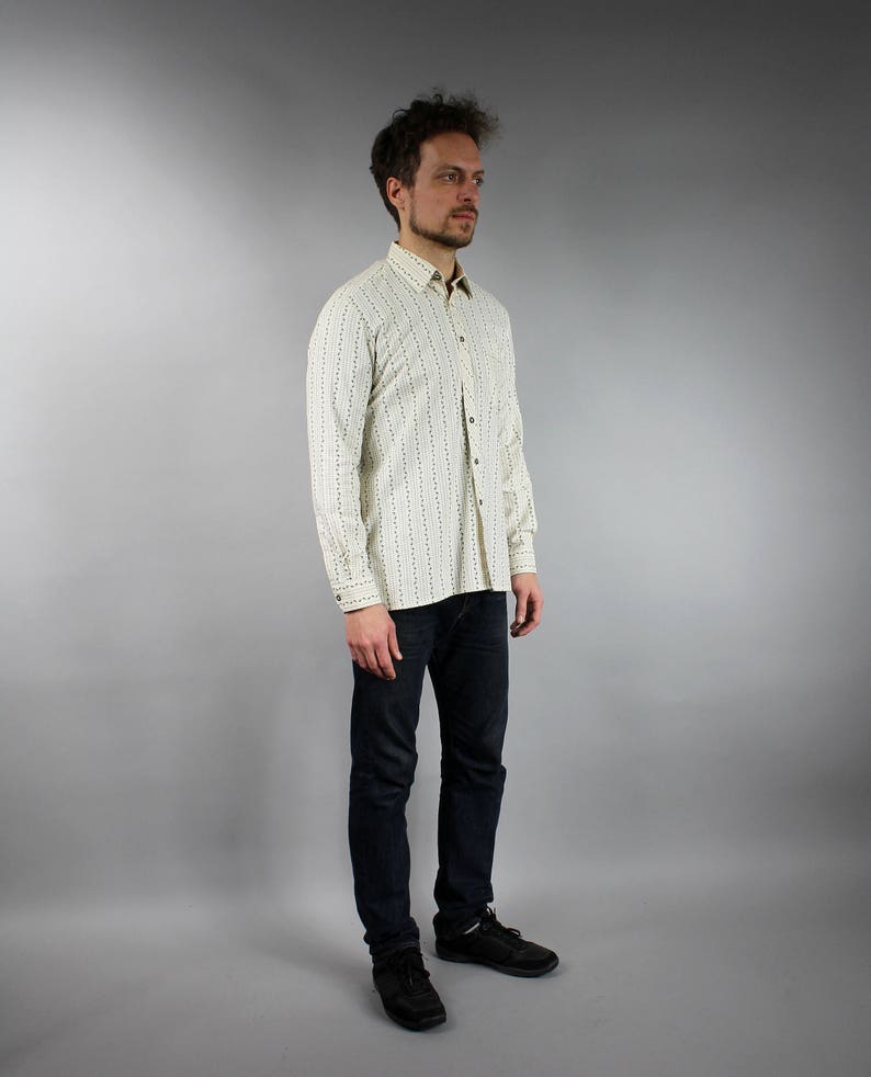Men/'s Long Sleeve Oversized Boyfriend Western Shirt Large Vertical Striped Cotton Polo Shirt 80s Floral Print White Hipster Shirt L
