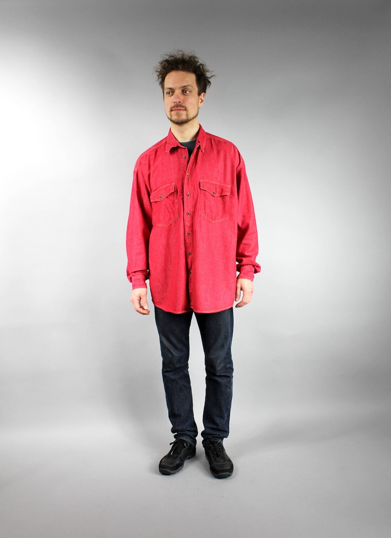 XXL Vintage Grunge Jean Blazer Extra Large Plus Size 80s Red DENIM Oversized Shirt