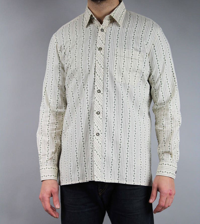 Men/'s Long Sleeve Oversized Boyfriend Western Shirt Large Vertical Striped Cotton Polo Shirt 80s Floral Print White Hipster Shirt L