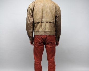 80s Genuine Leather Brown Bomber Jacket . Vintage Rocker