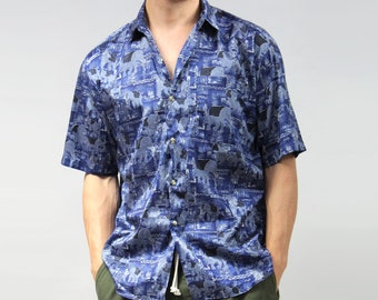 MENS Couture SILK Elephant Print Shirt, 90s Luxury Blue Short Sleeve Shirt, Medium M
