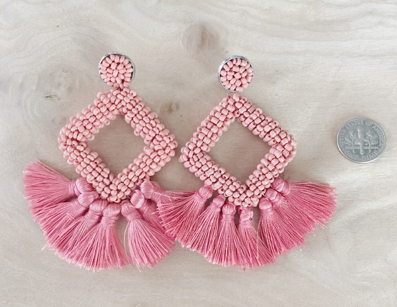 Coral Seed Bead Tassel Earrings Drop Earrings Dangle Etsy