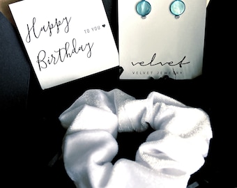 Happy Birthday Gift Box, Dainty Round Bright Blue Mother of Pearl Earrings and Soft White Velvet Scrunchie Gift Box