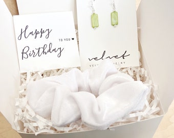 Happy Birthday Gift Box, Green Bar Mother of Pearl Earrings and Soft White Scrunchie Gift Box, Birthday, Gift Box