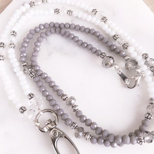ID Gray and White Beaded Lanyard, ID Holder Necklace