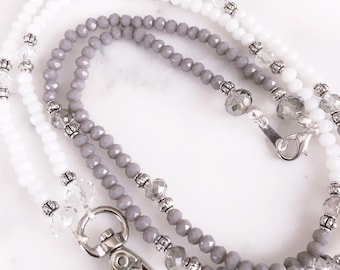 Cordón de cuentas grises y blancas para identificación, collar porta identificación