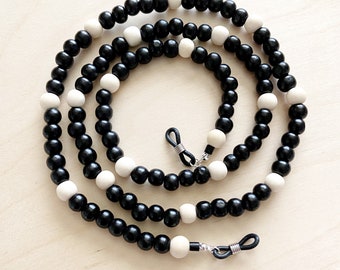 Black and White Wood Beaded Eyeglass Chain, Eyeglass Holder, Eyeglass Necklace, Eyeglass Lanyard, Sunglass Holder