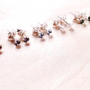 Dainty Birthstone Sterling Silver Stud Earrings, 3MM Stud Earrings, Birthstone Jewelry, Tiny Birthstone Earrings