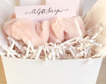 A Gift For You White Blush Gift Box, Dainty Blush CZ Sterling Silver Stud Earrings. Cozy Soft Blush Scrunchie