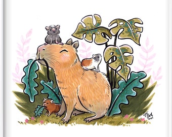 Capybara Cousins Guinea Pig Jungle Plants Art Print