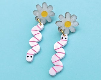 Garden Party Worm and Daisy Dangle Earrings