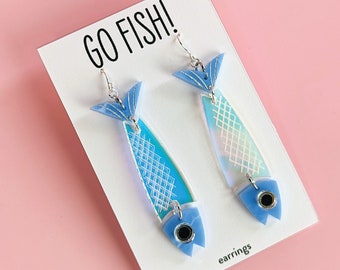 Iridescent Rainbow Fish Sardine Earrings