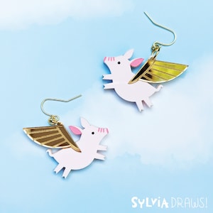 Flying Pig Gold Dangle Earrings