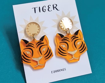 Fluorescent Orange and Gold Tiger Dangle Earrings with Sunburst