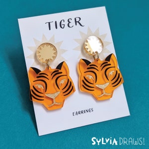 Fluorescent Orange and Gold Tiger Dangle Earrings with Sunburst