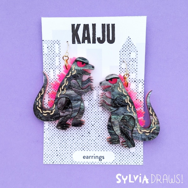 Pendientes llamativos de acrílico Kaiju: Joyería de monstruos pintada a mano