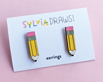 Pencil Stud Earrings - Cute Wood Hand Painted Teacher Artist Writer Gift