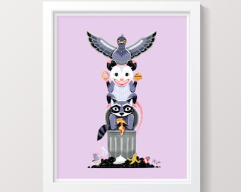 Trash Totem - Possum Raccoon Pigeon Rat Art Print