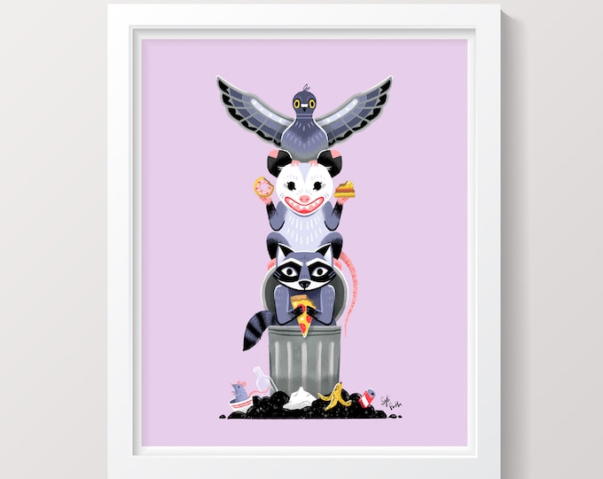 Trash Totem - Possum Raccoon Pigeon Rat Art Print