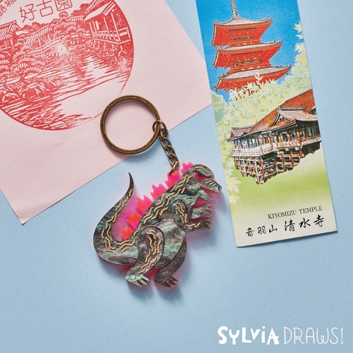 Porte-clés Kaiju : acrylique marbré, détails peints à la main