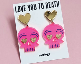 Skull Love You to Death Fluorescent Pink and Gold Earrings