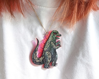 Collier Kaiju : pendentif monstre en acrylique marbré