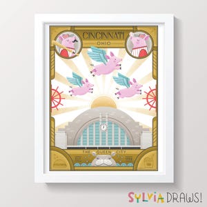 May include: A colourful illustration of Cincinnati, Ohio, featuring flying pigs, a building with a clock tower, and the text "The Queen City, Est. 1788".