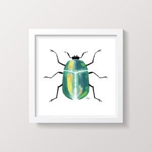 May include: A green and yellow beetle with black legs and antennae. The beetle is painted in a watercolor style and is set against a white background.