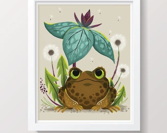 Toadshade Toad with Plants Nature and Dandelions Inspired Frog Illustration Print