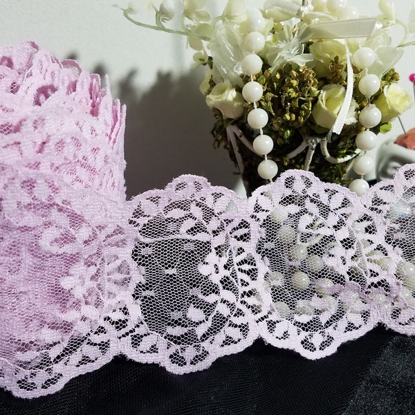 Violet Pink Trim Lace, Scalloped Edge Floral Lace,  Sold by Yard