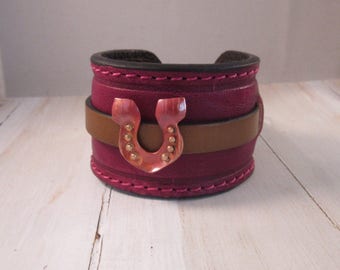 Burgundy Cowgirl Leather Cuff, Wide Cuff, Copper Horseshoe Cuff, Western Wear Leather Bracelet, Two in One Leather Cuffs, Patricia Healey