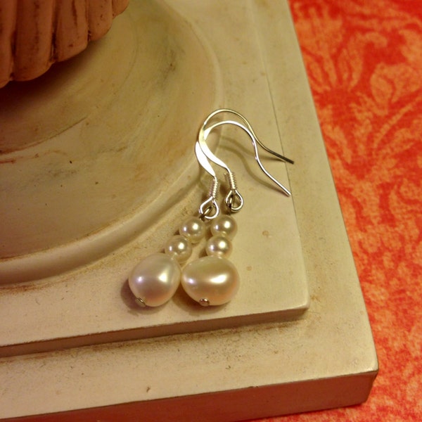 Natural White Freshwater Pearl Earrings, Beaded Silver Pearl Earrings, Cream Drop Pearl Earrings, Dangle Pearl Earrings