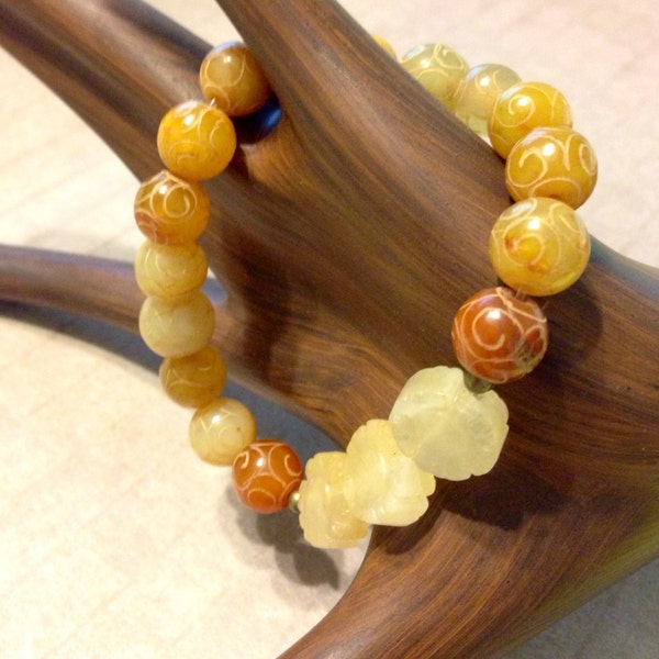 RESERVED FOR M: Carved Jade Rustic Stacking Bracelet with Honey Jade, Stacking Bracelet, Boho Chic, Gemstone Bracelet