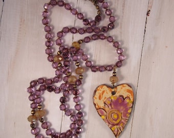 Boho Necklace, Purple Knotted Bohemian Necklace, Heart/Purple Flower Pendant, Hand Knotted, Essential Oil Aromatherapy Heart Pendant