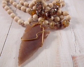 Extra Long Bohemian Necklace, Jasper Arrowhead Necklace, Beaded Long Necklace, Boho Chic, Earthy Cream Necklace, Hand Knotted Necklace