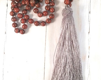 Long Bohemian Necklace, Grey and Burnt Orange Jasper Silk Tassel Necklace, Long Beaded Boho Necklace, Silver and Maroon Tassel Necklace