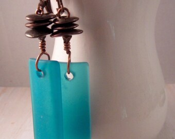 Teal Seaglass Earrings, Greek Metalcast Drop Earrings, Teal & Copper Dangle Earrings, Copper Drop Earrings, Sea Glass Drop Earrings