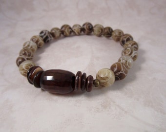 Beaded Stretch Bracelet with Carved Jade, Olive Bracelet, Brown Bracelet, Carved Jade Bracelet, Bohemian Bracelet, Taupe Bracelet