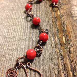 Red Coral Wire Wrapped Charm Bracelet with Antique Copper, Red Bracelet, Watermelon Bracelet, Coral Bracelet, Coral Pink Bracelet image 2