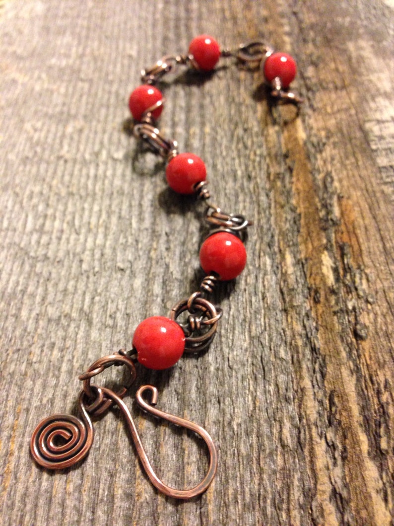 Red Coral Wire Wrapped Charm Bracelet with Antique Copper, Red Bracelet, Watermelon Bracelet, Coral Bracelet, Coral Pink Bracelet image 2