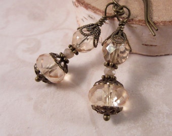 Champagne Czech Glass Bohemian Earrings, Champagne Victorian Earrings, Beige Drop Earrings, Beige Earrings, Bridal Wedding