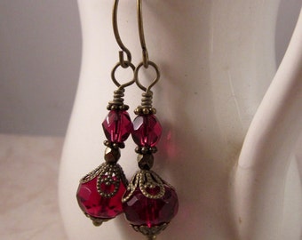 Fuchsia Czech Glass Bohemian Earrings, Victorian Earrings, Burgundy Drop Earrings, Wedding and Bridal Jewelry, Christmas Holiday Earrings