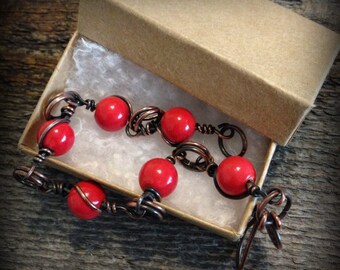 Red Coral Wire Wrapped Charm Bracelet with Antique Copper, Red Bracelet, Watermelon Bracelet, Coral Bracelet, Coral Pink Bracelet