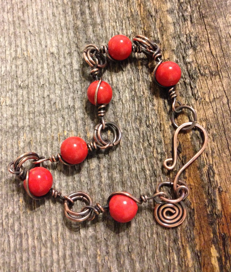 Red Coral Wire Wrapped Charm Bracelet with Antique Copper, Red Bracelet, Watermelon Bracelet, Coral Bracelet, Coral Pink Bracelet image 3