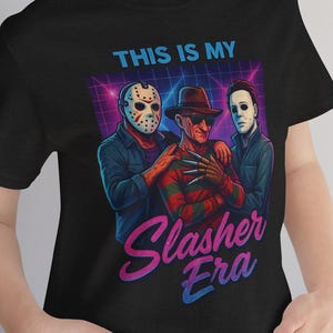 Retro Horror Slasher T-Shirt Featuring 80s Killers Jason Freddy Michael Myers | Vintage Scary Movie Tee | Halloween Horror Fan Gift Shirt