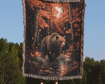 Autumn Grizzly Bear Woven Blanket, Nature-Inspired Tapestry Wall Art, Wildlife Art Blanket for Home Decor, Cozy Rustic Lodge Blanket, Gift
